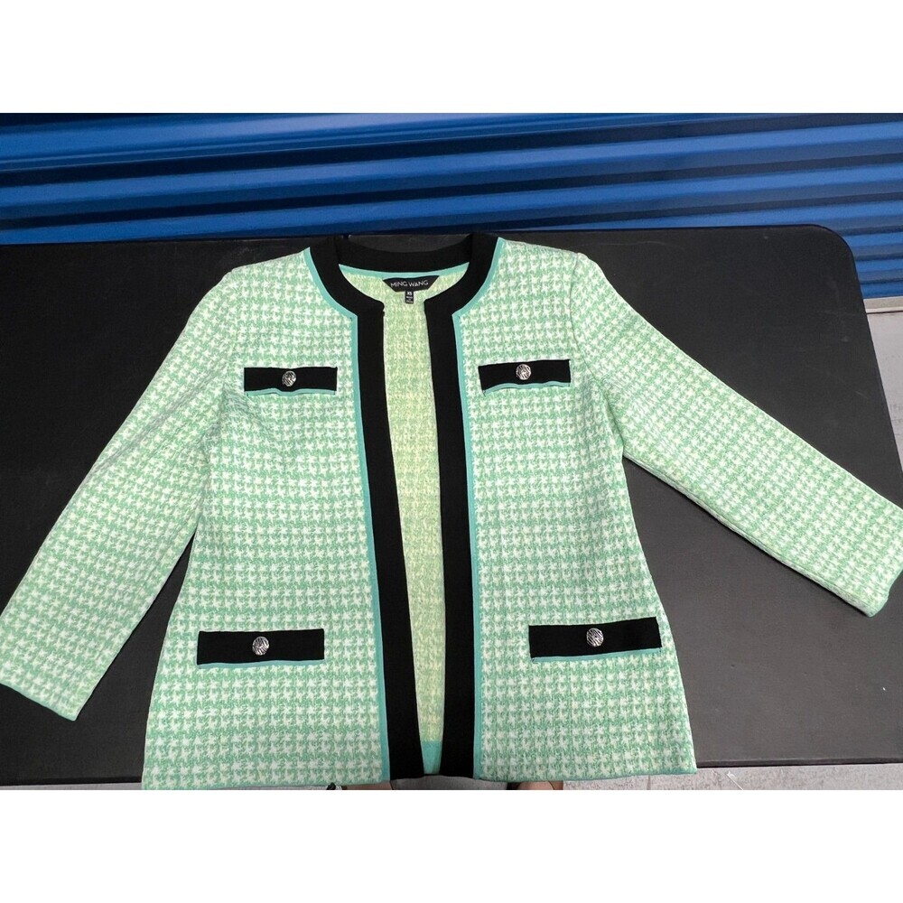 Ming Wang Houndstooth Knit Jacket Women’s Size XS Green Black Nylon